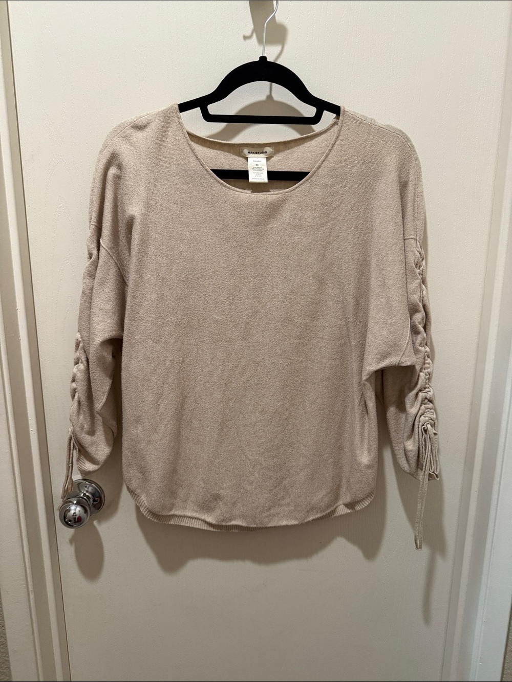 Max Studio Ruched Drawstring Sleeve Knit Top - Light Taupe